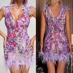 Susie Sequin Mini Dress Purple Feather Dress Floral Sequin Dress for Women